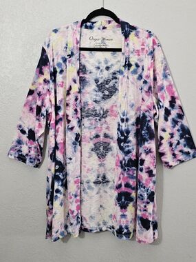 Onque Tie-Dye Open Front Kimono Multicolor Womens 2X Short Sleeve